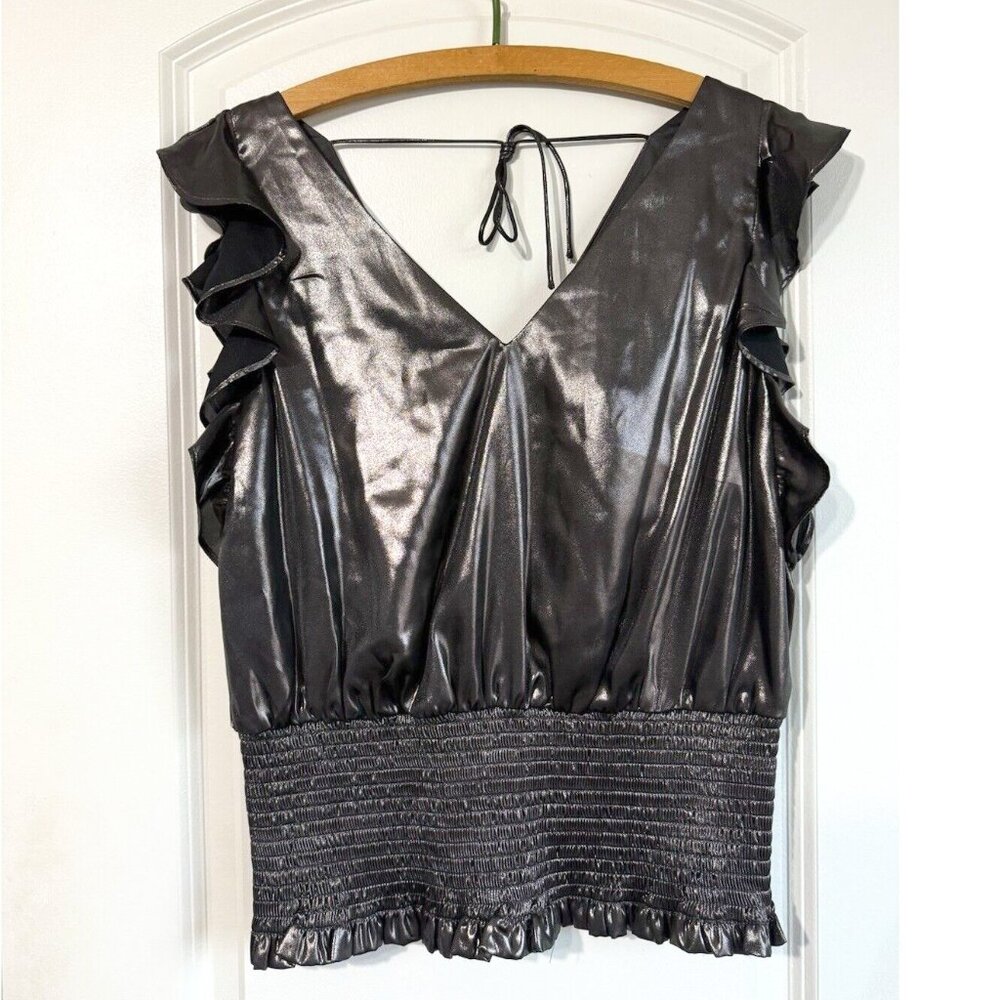 Nine West Women's Sleeveless Ruffle Smocked Hem Top Blouse Size L Bronze‎ Tied